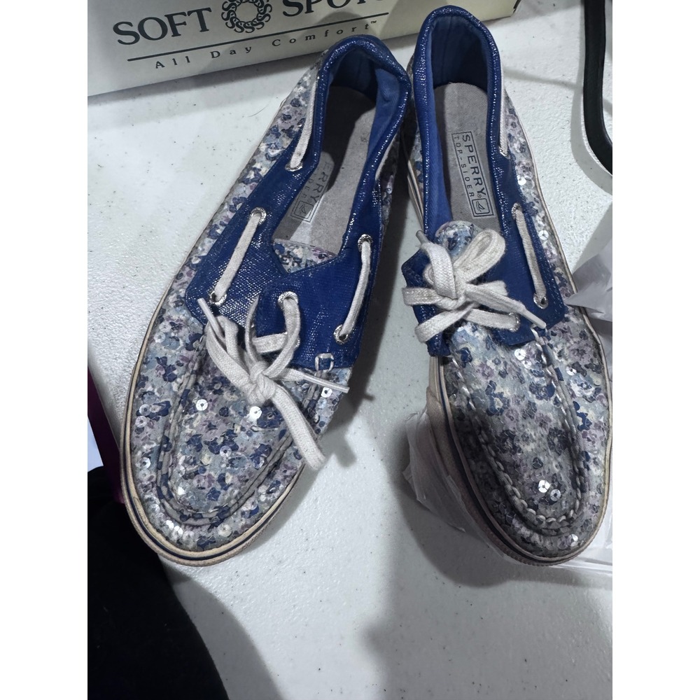 Sperry Top-Sider Womens Blue Floral Sequin Boat Shoes Size 8.5 M Metallic Trim